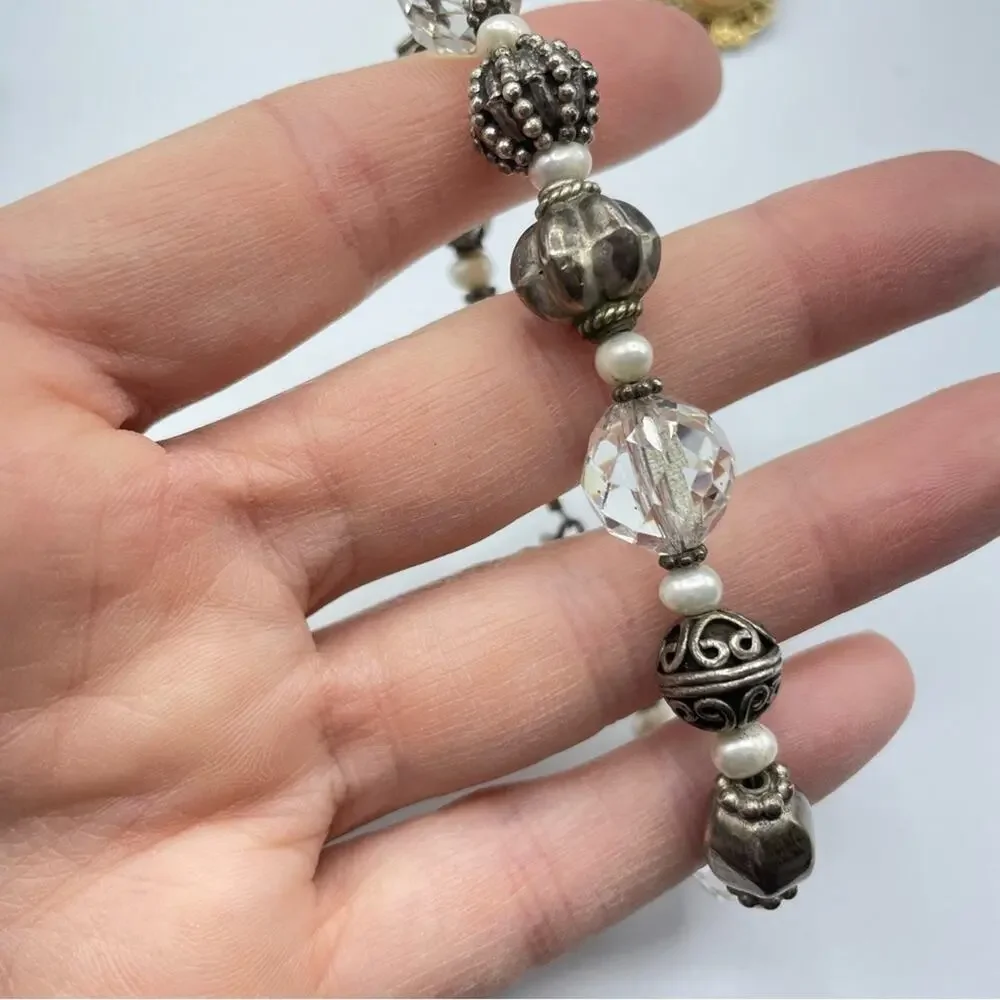 925 Silver & Clear Glass Beads Beaded Bracelet Marked Charms